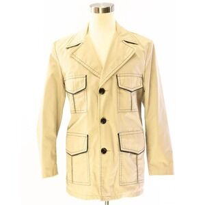 70s Vintage Beige Safari Jacket Mens M Black Trim Utility Blazer Mod Style Coat